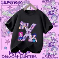 2026 Children's cotton T-shirt, girls' sports shirt, K-pop Demon Hunter 2026 new summer short-sleeved casual top, A-Z letters 100 black