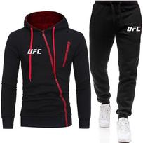 Vyriškas UFC sportinis džemperis su gobtuvu ir kelnių komplektas su įstrižu užtrauktuku XXXL juoda