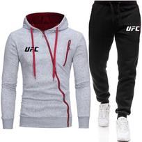 Vyriškas UFC sportinis džemperis su gobtuvu ir kelnių komplektas su įstrižu užtrauktuku S šviesiai pilka spalva
