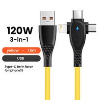 120W 3 viename greito įkrovimo laidas 2 viename USB Type C laidas Duomenų greitasis įkroviklis laidui iPhone Huawei Xiaomi Samsung Android geltona