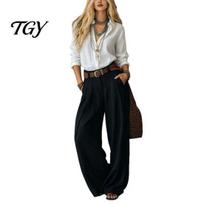Loose Fit Women Suit Casual Two Piece Set for Fall, V Neck Collared Shirt High Waisted Wide Leg Trousers & Pants, Autumn Outfits L juoda