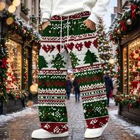 Men's Casual Loose Fit Corduroy Straight Leg Pants with Christmas Print and Elastic Waist XXXL black