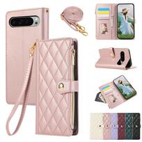 Kortelės su kryžminiu užtrauktuku Solt Leather Flip piniginės dėklas, skirtas Google Pixel 9 Pro XL 8 8A 7 6 Lanyard Kickstand Bag Kišeninis knygos dangtelis For Google Pixel 6A rožinio aukso spalvos