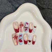 10pcs Handmade Christmas Press On Nails Wreath Bowknots Apple Snowflake Decor False Nails Red French Style Fake Nail For Women GJ-CDJ-ZB85-S gray