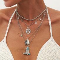 Ethnic Style Western Cowboy Hat Boots Pendant Necklace, Retro Metal Love Imitation Turquoise Necklace brown