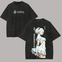 NieR Automata YoRHa B Vintage Wash Anime Oversized Graphic TShirt B Back View With Virtuous Contract Sword Streetwear M white