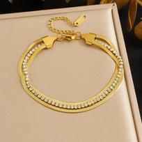 Gold Plated Double Layer Herringbone Bracelet, Stainless Steel CZ Tennis Chain Wrist Jewelry, Waterproof Dainty Bracelet for Women Gift auksas