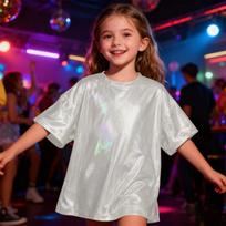 Kids Short Sleeve Loose Fit Holographic TShirt Crew Neck Shiny Reflective Top for Girls Boys Unisex Comfortable Wear 130 white
