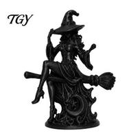 Small Figurine for Shelf Gothic Witch on Broom Statue, 3D Printed Spooky Tabletop Unique Gift Her Home Party, Black Halloween Desk Decor with juoda