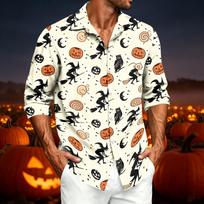 Men's Casual Long Sleeve Halloween Print Shirt for Spring and Fall L brown
