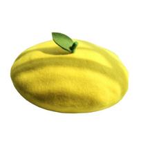 Fruit Beret Hat with Plush Look and Round Shape, Cartoon Accent Cap for Everyday Outfits and Themed Photo Styling yellow