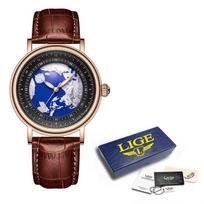 2023 m. LIGE vyriški laikrodžiai Fashion Blue Planet Creative Earth Quartz rankinis laikrodis Odinis sportinis vyriškas laikrodis + dėžutė pack-3 juoda