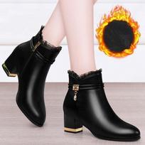 High-heeled Short Boots Soft Leather Martin Boots Ladies's Small Medium-heeled Thick-heeled Fall and Winter Plus Velvet To Keep Warm All-match Cotton 35 white
