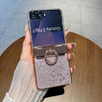 Galaxy Z Flip 8 7 dėklas su cirkonio kaspinėliu, blizgančiu vyrio žiedu, stoveliu, smūgiams atsparus PC dangtelis moterims Samsung Galaxy Z Flip8