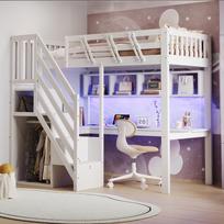 Kietmedžio lova 90*200, laiptai su sandėliuku, su rašomuoju stalu, su USB lizdu ir su LED apšvietimu, vaikiška lova, aukšta versija, balta 205 x 143.5 x 170 cm balta