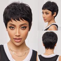 HAIRCUBE Blondinės auksinės tamsios šaknies sluoksniuotos Remy perukai žmogaus plaukams Trumpi Bob Pixie Cut Natural Wave perukas su kirpčiukais Moterų plaukų perukai brown