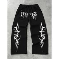 Men's Casual Black Sports Pants with Wide Leg Design and White Flame Print, Loose Fitting Streetwear XL gray