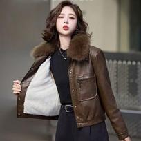 Winter Fur Collar Plus Velvet Thickened Western Style Fashion Short Lapel PU Leather Jacket Women's Jacket Jacket Buttons 4XL ruda