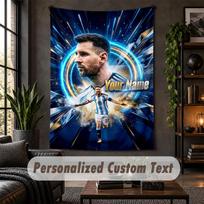 Personalized Wall Tapestry,Lionel Messi Custom Text, Soft Fabric Wall Art For Indoor Decoration 100cmx150cm blue