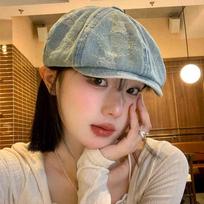 Washed retro bear cowboy beret women's spring and autumn versatile octagonal hat big head circumference showing face small hat gray