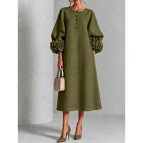French Style 3D Floral Linen-cotton Midi Dress with Puff Lantern Sleeves M gray