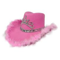 Crown Cowboy Hat Wide Brim Cowgirl Hat Feather Party Headwear Fringe Hat pink