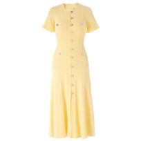 Autumn New European and American Women's Clothing Crew Neck Short Sleeve Waist Skinny Button Medium and Long Skirt Fishtail Dress XS beige