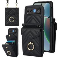 V formos RFID kortelės lizdo telefono dėklas su žiedu laikikliu For Motorola Razr 40 juoda
