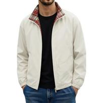 Men's Reversible Lightweight Jacket Stand Collar Plaid Windbreaker Baseball Coat for Spring Fall Golf M chaki