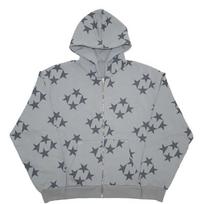 Oversized Women Zip‑Up Hoodie Light Blue White Star Full Print Hooded Sweatshirt Harajuku Street Fashion Jacket With Pockets L gray