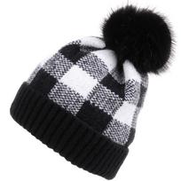 Women S Plaid Knit Hat With Pom Pom Winter Christmas Gift Hat One Size gray