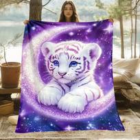 Sparkly Crescent Moon White Tiger Cub Starry Sky Print Flannel Throw Blanket Soft Warm Blanket For Sofa Bed Bedroom Decor 150cm*180cm