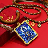 Medicine Buddha Gold Thangka Necklace – Colorful Semi-Handmade Pendant with Golden Gau Box in Tibetan Style. Colorful Core + Case black