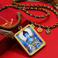 Medicine Buddha Gold Thangka Necklace – Colorful Semi-Handmade Pendant with Golden Gau Box in Tibetan Style. Colorful Core + Case + Five Direction Rope black