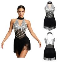 Moterų Tango Salsa Šokio Kostiumas Berankovis Kaklą Surišamas Spalvų Blokų Tinklelio Derinys Blizgučiai Viršutinė Dalies Metališko Audinio Užpakalinė Dalies Kutais Apdailos Suknelė Pasiruošimui XL