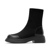 Slim Suede Short Boots Lady BrandNew Martin Boots Retro Stretch Knight Boots Thick Sole Round Toe Short Boots Lady Boots 35 black