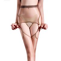 Sexy Women 3D Thin Open Crotch Pantyhose Sheer See Through Oil Glossy Shiny Stockings Stripe Maid Tights Stockings Hollow Out M beige