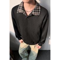 Hong Kong Style Fake Two Piece Polo Collar Sweatshirt Men Loose Plaid Stitching Long Sleeve Casual Top M juoda