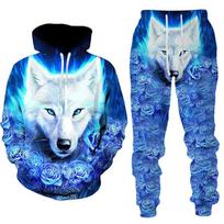 Vilkas 3d Print Hoodie Kostiumai Rudens Žiema Vyrams Moterims Gyvūnų Raštų Rinkiniai Vintažinis Tracksuit Unisex Hoodie + Kelnės Dviejų dalių rinkinys XXXL blue
