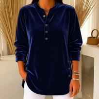 Women's Velvet Loose Fit V-Neck Button Long Sleeve Tunic Top XL gray