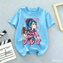 Dragon Ball Bulma Cotton T-Shirt, Boys Girls Harajuku Streetwear Anime Short Sleeve Tee, Retro Casual Children Top 160 blue