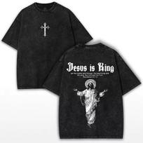 Jesus Is King T-Shirt Christian Cross Print Vintage Men Women Washed Cotton Retro Religious Graphic Tee Streetwear Unisex Top 110 gray
