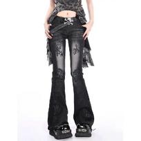 Autumn Y2K Vintage Washed Flare Jeans Women Distressed Print Slim Fit Bootcut Denim Pants Gothic Subculture Streetwear Trousers XL juoda
