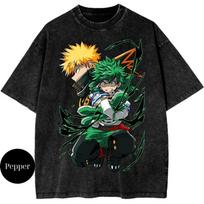 Izuku Midoriya Katsuki Bakugo Graphic T Shirt My Hero Academia Anime Washed T-shirt Men Women Clothes Polyester Short Sleeve Tee M juoda