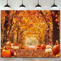 2D Rudens klevo medžio fonas, Rudens moliūgų takas su šviesomis Padėkos dienos fotografijos fonas 47.2x31.5inch/120*80cm orange