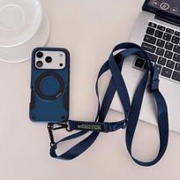 Crossbody Armor For Magsafe Phone Case with Adjustable Lanyard For iPhone 16 17 Pro Max Air 360° Magnetic Ring Kickstand Cover iPhone17 Pro Max mėlyna