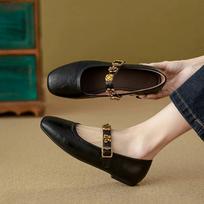 Soft sheepskin retro Mary Jane shoes women's spring and summer new shallow single shoes flat bottom one-word buckle small leather shoes 40 juoda