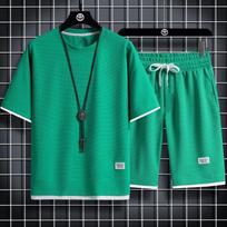 Men's Hong Kong Style Loose Waffle Knit Casual Two-Piece Set: Short Sleeve Shirt and Shorts Extra Large žalia