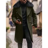 Men's Solid Color Double Breasted Wool Coat, Casual Warm Thick Overcoat With Big Fur Collar For Men XXL armijos žalia spalva