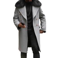 Men's Solid Color Double Breasted Wool Coat, Casual Warm Thick Overcoat With Big Fur Collar For Men XXL šviesiai pilka spalva